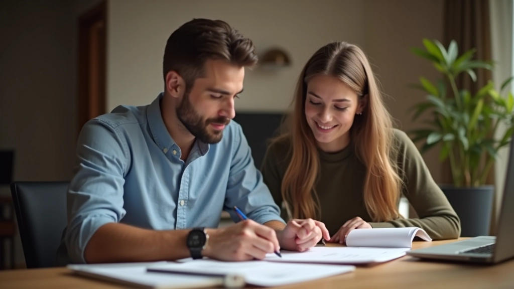 Muž a žena sedí u stolu a plánují koupi domu s hypotetickými papíry