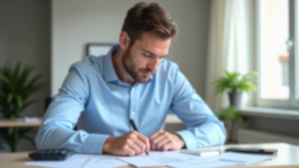 Muž se překlání přes stůl s hypotečními dokumenty a kalkulačkou