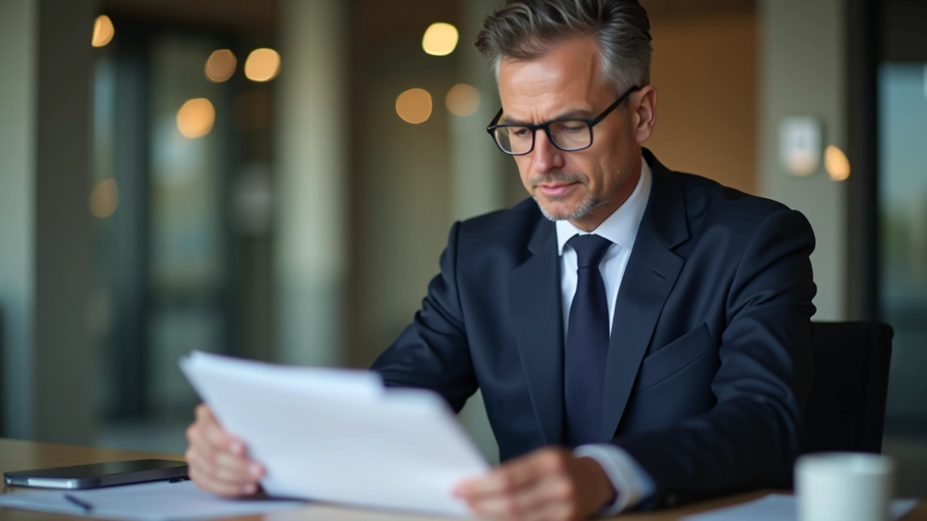 Starší muž si prohlíží hypoteční smlouvu v kanceláři banky s poradcem v pozadí