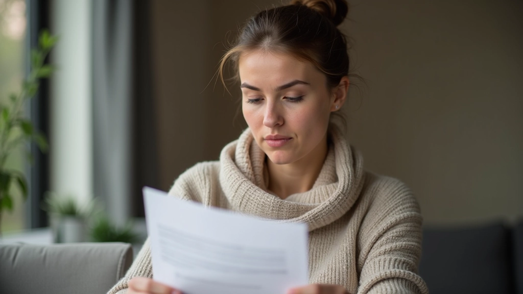 Žena čte smluvní dokumenty o fixaci hypotéky se sklenicí vody