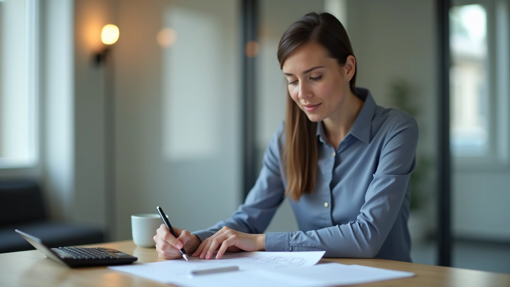 Žena si prohlíží hypoteční dokument a plán splácení na psacím stole se znázorněním grafů úspor