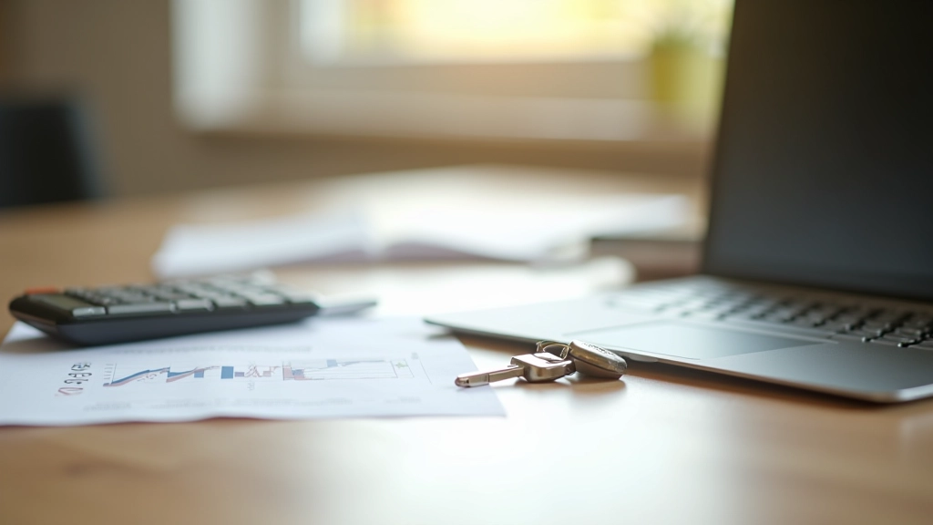 Domácnost s klíči od dveří, notebookem a finančními dokumenty na stole